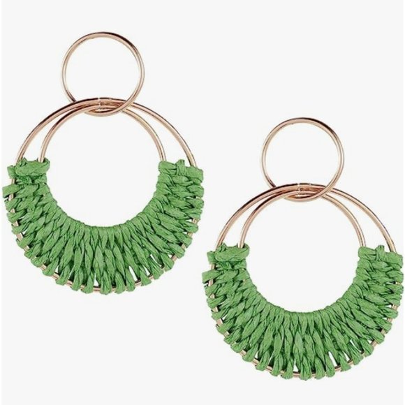 Green Woven Raffia Gold Hoop Earrings Wicker Hoops Links Post Vacation Style New - Picture 4 of 5